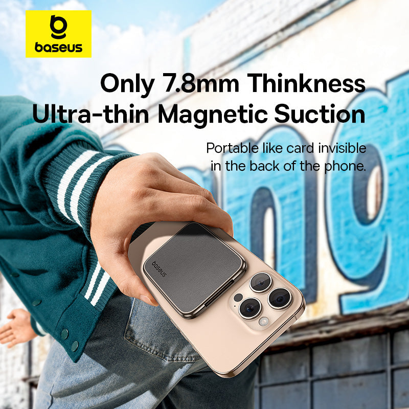 Person holding a phone with a magnetic case, featuring Baseus branding and text about ultra-thin thickness.