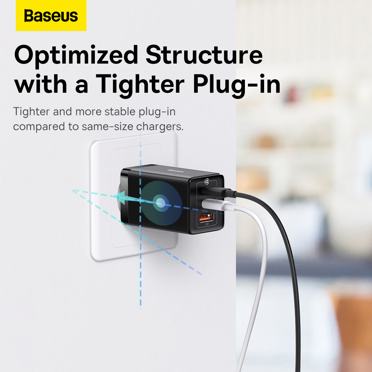Baseus charger with text highlighting optimized structure and tighter plug-in.