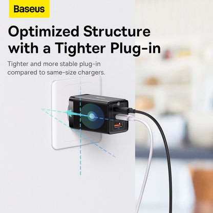 Baseus charger with text highlighting optimized structure and tighter plug-in.