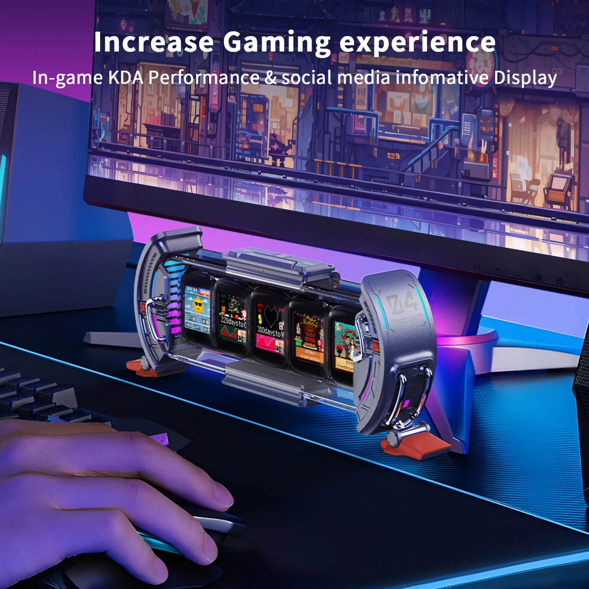 Gaming setup with a monitor, keyboard, and colorful stand displaying game information.