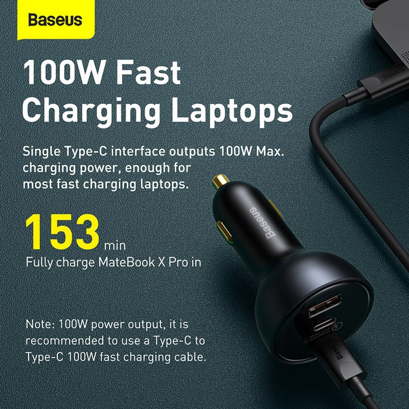 Baseus 100W fast charging laptop adapter on a dark background with text about charging speed.