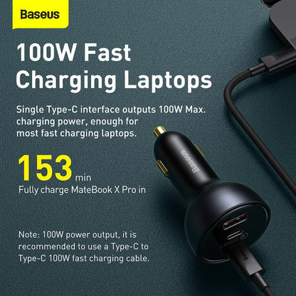 Baseus 100W fast charging laptop adapter on a dark background with text about charging speed.