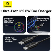 Baseus Ultra-Fast 152.5W Car Charger with charging cable on a white background