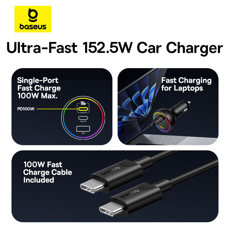 Baseus Ultra-Fast 152.5W Car Charger with charging cable on a white background