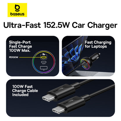 Baseus Ultra-Fast 152.5W Car Charger with charging cable on a white background