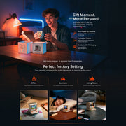 Divoom MiniToo Retro Pixel Bluetooth Speaker (1.77" Screen, 5W, App Control) Person holding a product with text about personalized gifts and its versatility in different settings.