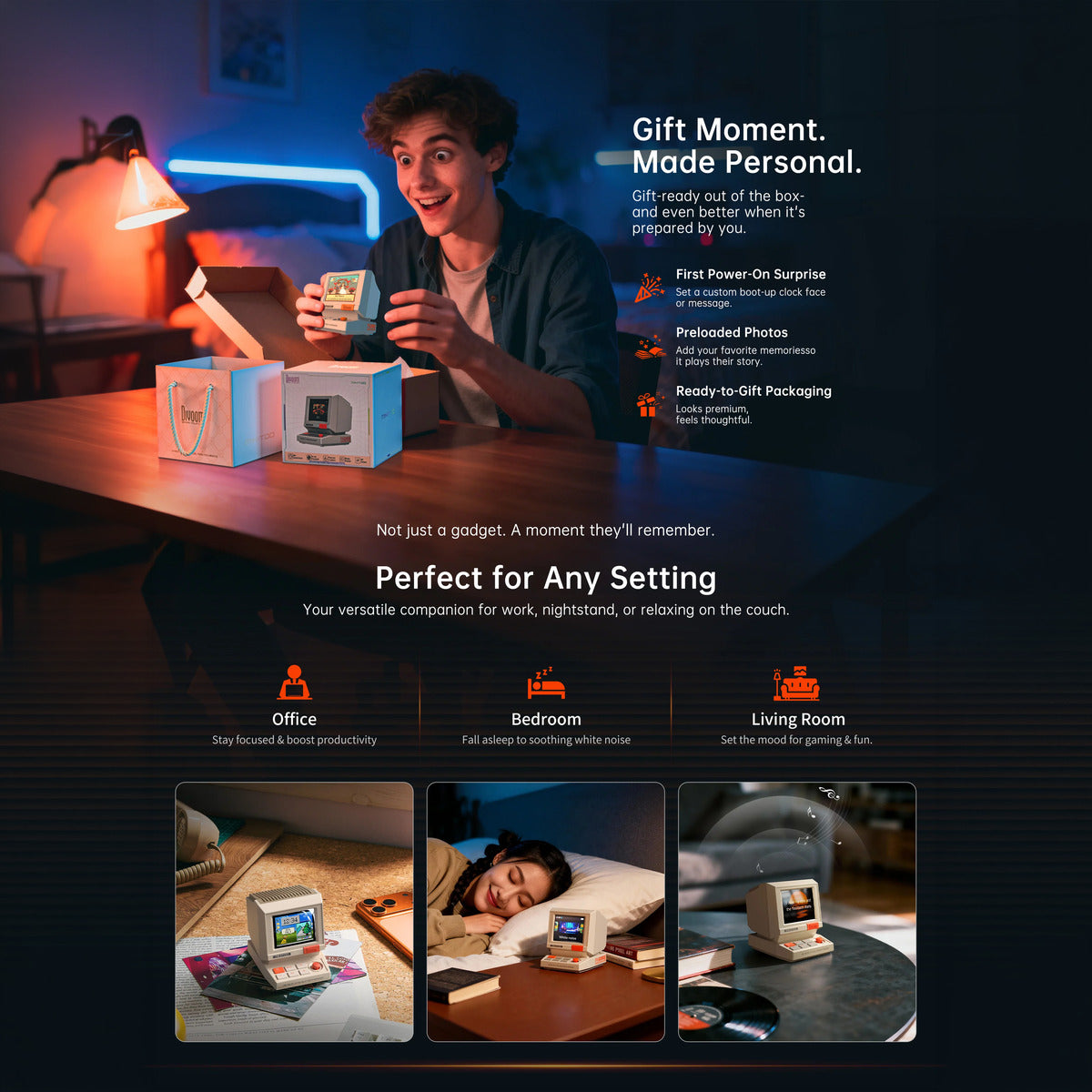 Divoom MiniToo Retro Pixel Bluetooth Speaker (1.77" Screen, 5W, App Control) Person holding a product with text about personalized gifts and its versatility in different settings.