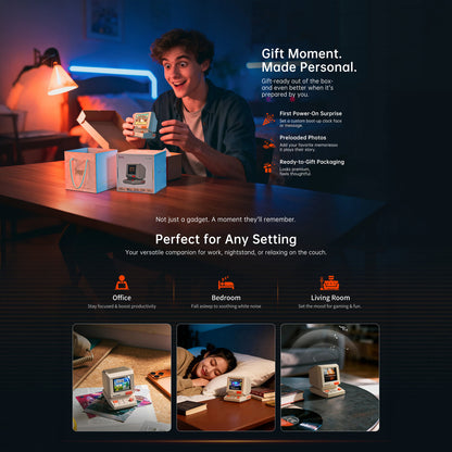 Divoom MiniToo Retro Pixel Bluetooth Speaker (1.77" Screen, 5W, App Control) Person holding a product with text about personalized gifts and its versatility in different settings.