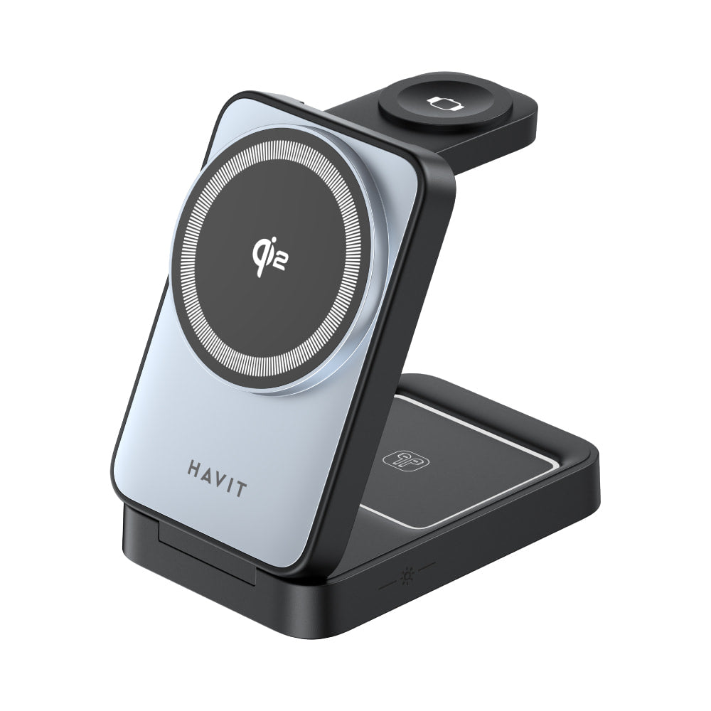 Havit wireless charging stand with Qi logo on a white background HAVIT W3103 15W Fast Wireless 3 in 1 Charger