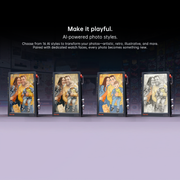 Four digital photo frames displaying family photos with text about AI-powered photo styles.