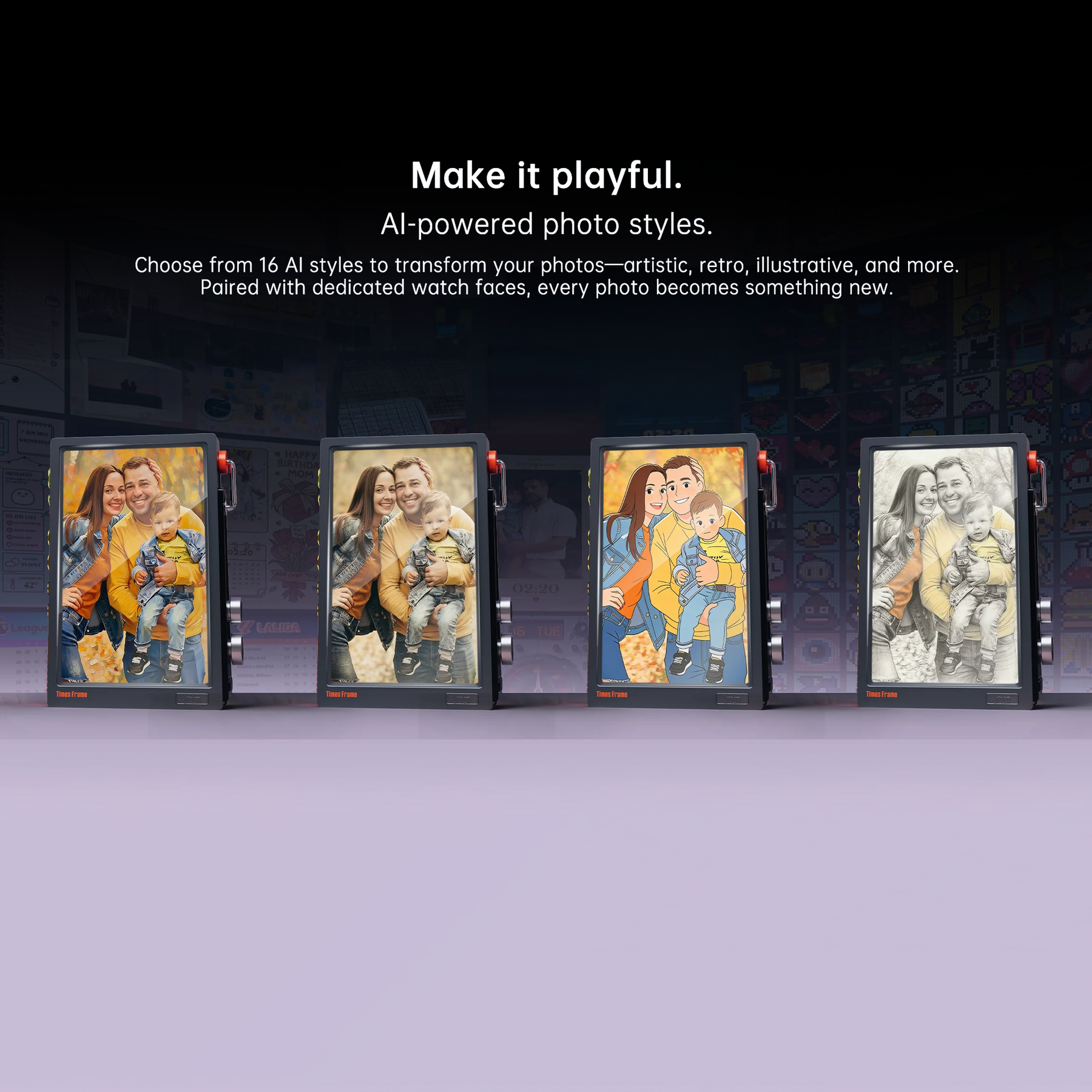 Four digital photo frames displaying family photos with text about AI-powered photo styles.