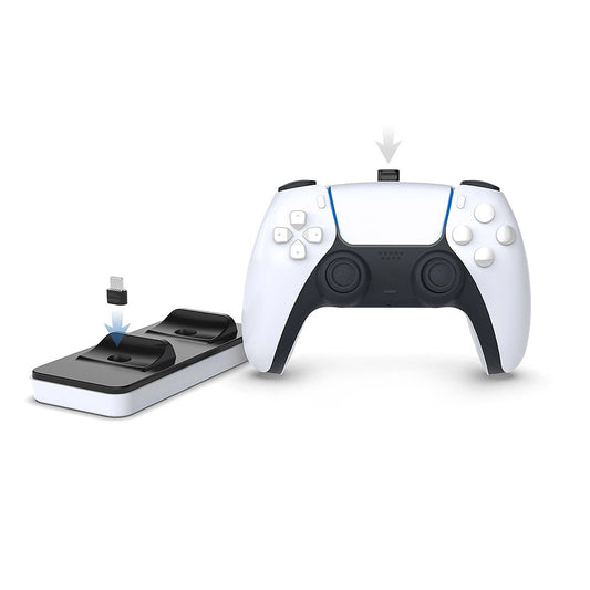 White gaming controller with charging dock on a white background