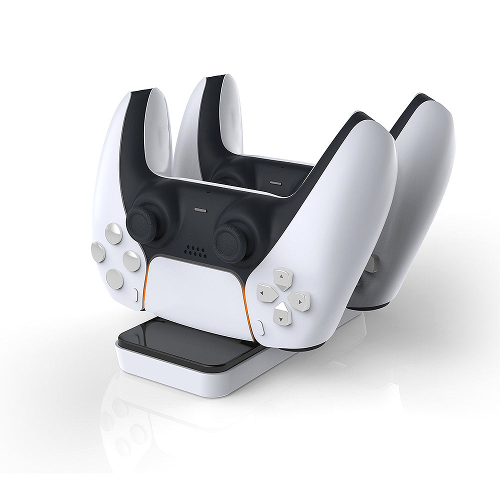 White and black gaming controller on a white background