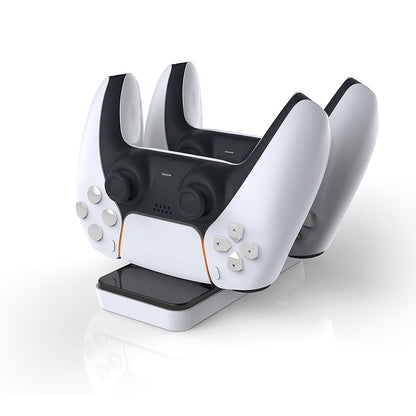 White and black gaming controller on a white background