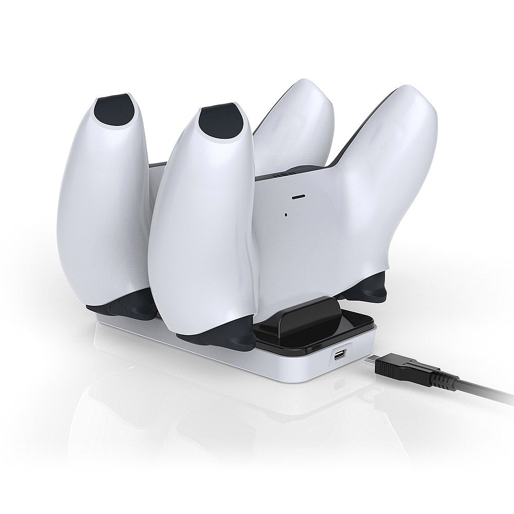 White gaming controller charging station with four controllers on a white background