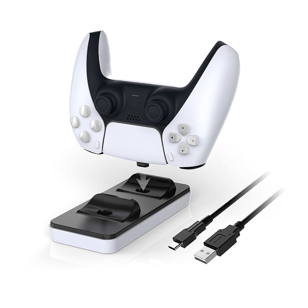 White gaming controller with charging station and USB cable on a white background