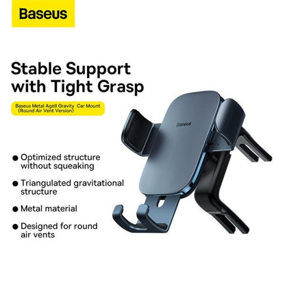 Baseus Metal Age Ⅱ Gravity Car Mount (Round Air Vent Version) Dark Grey Stable Support without squeaking, Metal Material designed to fit on air vents