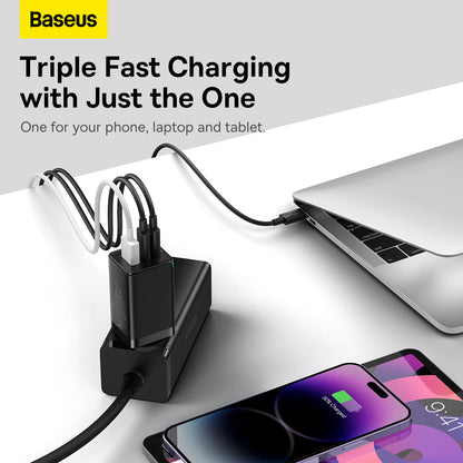 Baseus triple fast charging adapter with smartphone, laptop, and tablet on a white background