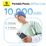 Baseus portable power bank advertisement with a person holding a phone, featuring 10,600mAh capacity.