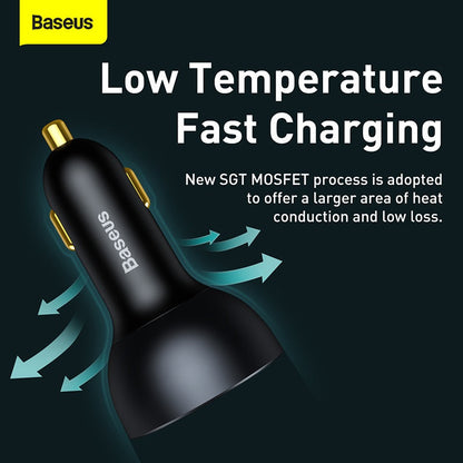 Baseus car charger with text on low temperature fast charging on a dark background