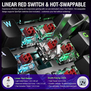 Close-up of mechanical keyboard switches with text highlighting features like linear red switch and hot-swappable design.