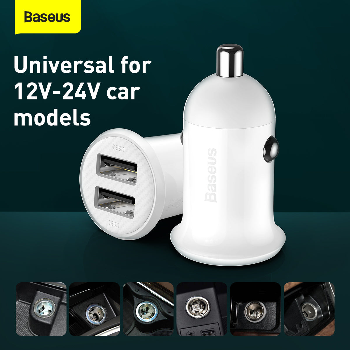 Baseus Grain Pro Series Smart Fast Charge Dual USB 4.8A 12V-24V Car Charger White