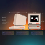 Divoom MiniToo Retro Pixel Bluetooth Speaker (1.77" Screen, 5W, App Control) Small computer model with dimensions and specifications displayed on a gradient background