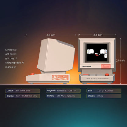 Divoom MiniToo Retro Pixel Bluetooth Speaker (1.77" Screen, 5W, App Control) Small computer model with dimensions and specifications displayed on a gradient background