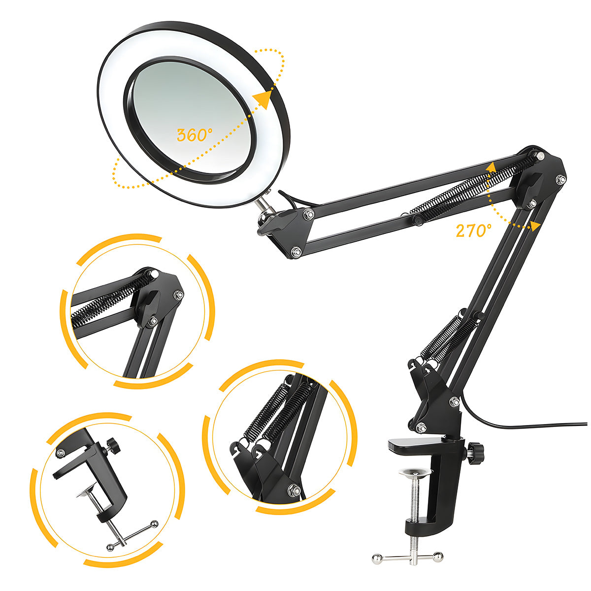 Magnifying glass with adjustable arm and clamp on a white background