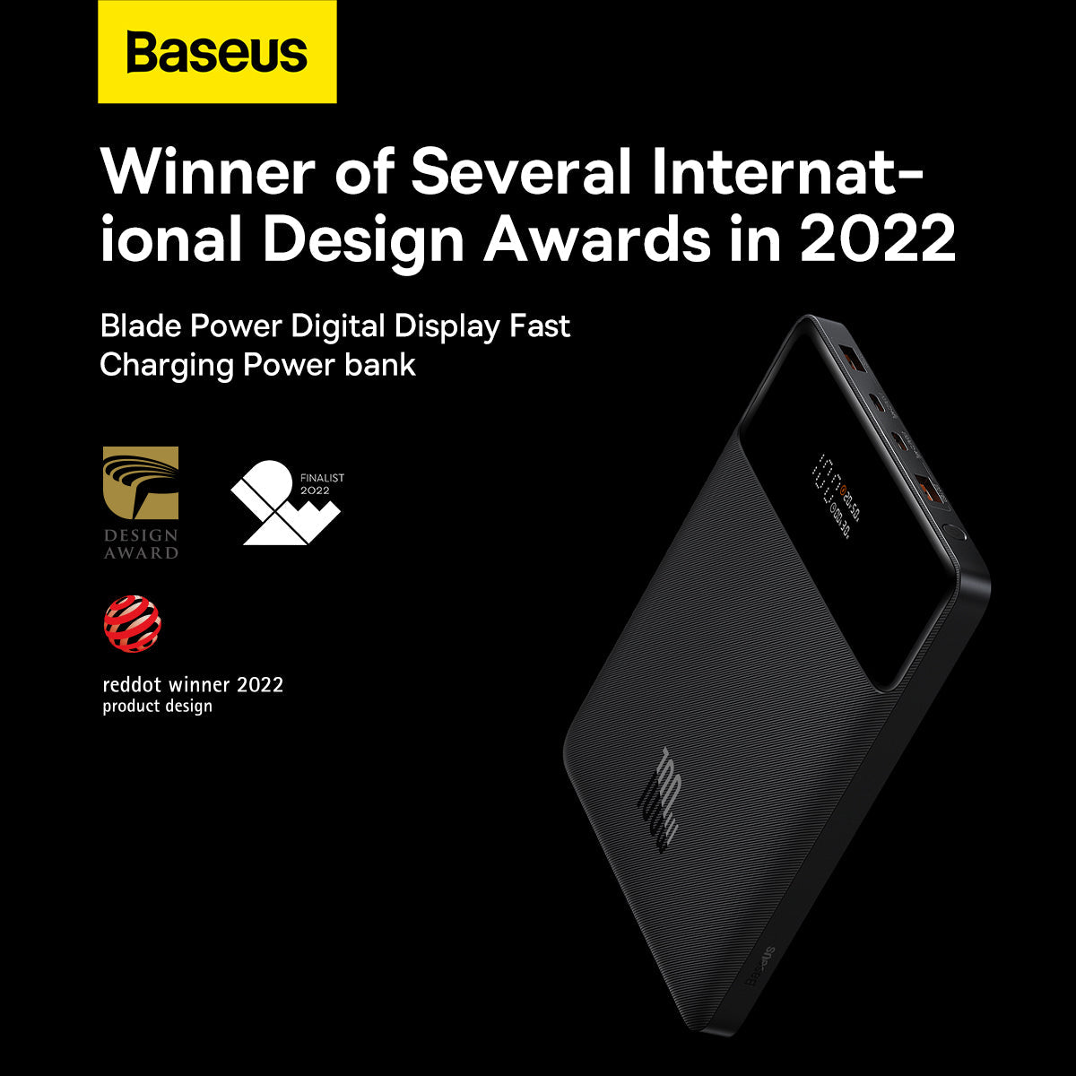 Baseus Blade Digital Display Quick Charge Power Bank 20000mAh 100W Baseus Blade Power Digital Display Fast Charging Power bank with design awards on a black background