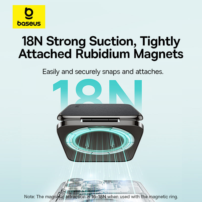 Baseus product with text about strong suction and rubidium magnets on a light blue background