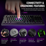 Mechanical keyboard with features highlighted on a dark background