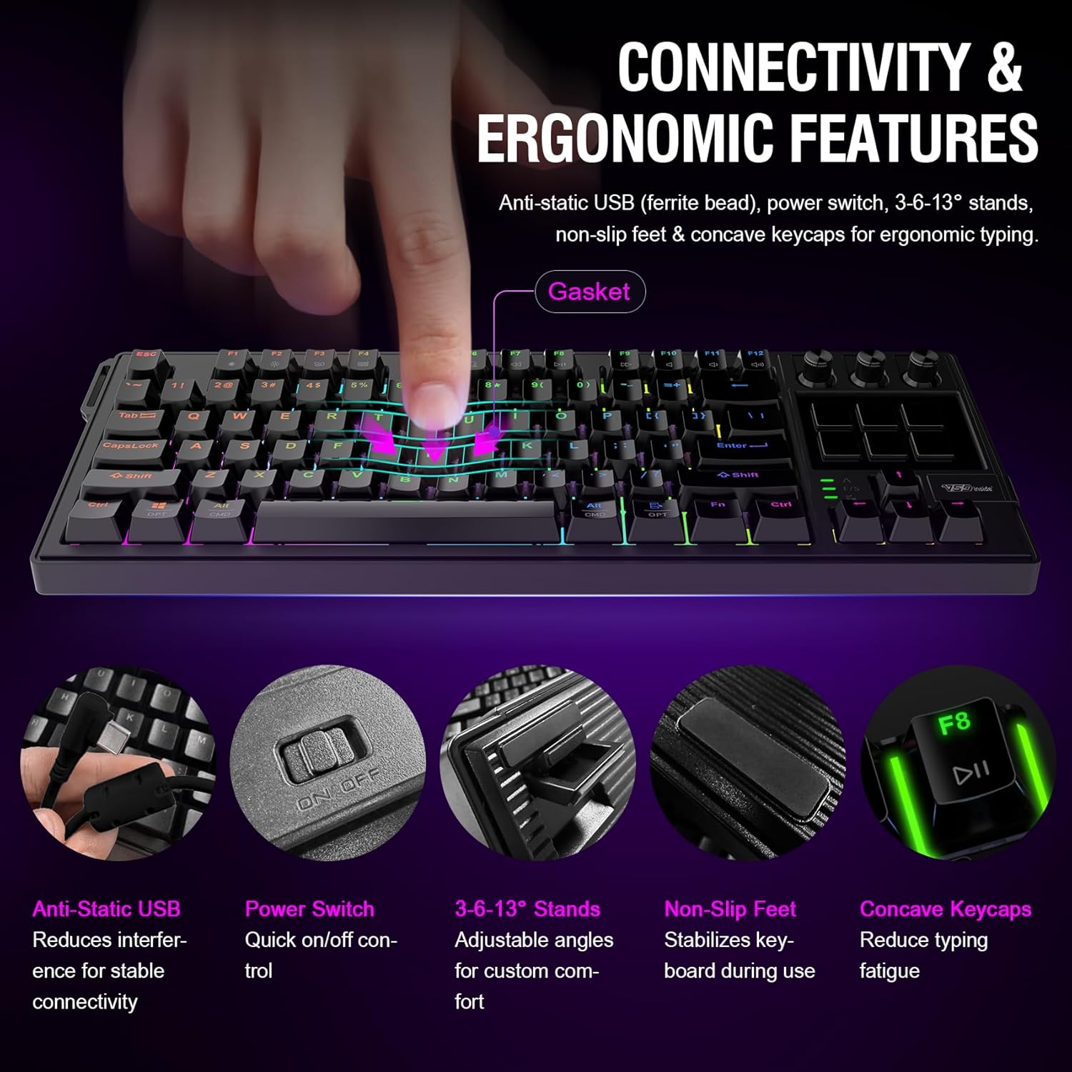 Mechanical keyboard with features highlighted on a dark background
