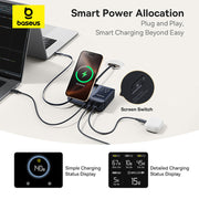 Baseus charging station with smartphone, laptop, and wireless earbuds on a white surface.