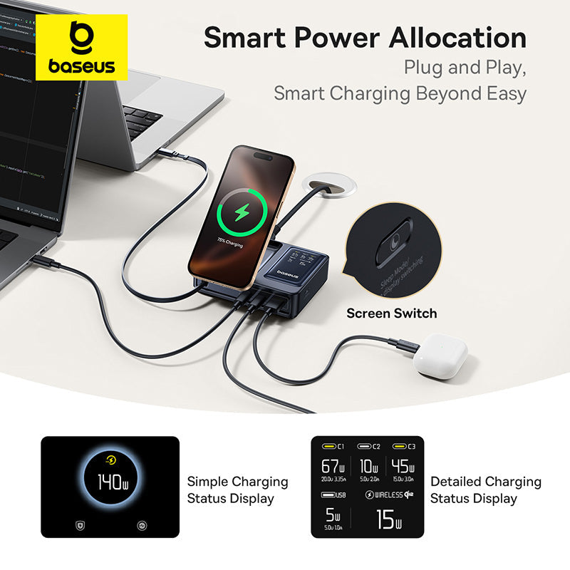 Baseus charging station with smartphone, laptop, and wireless earbuds on a white surface.