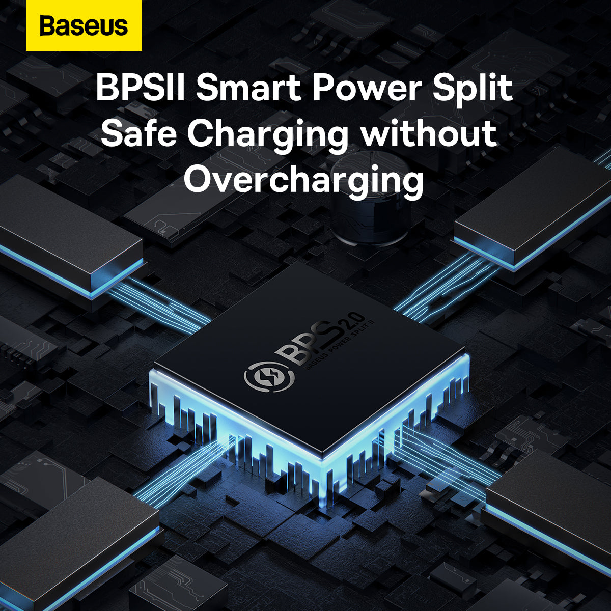 Baseus BPSII smart power split charging technology with circuit board background