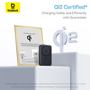 Baseus Qi2 certified wireless charging device with a certificate on a white background