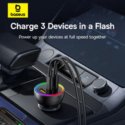 Car charger with multiple ports on a car dashboard, featuring Baseus branding.