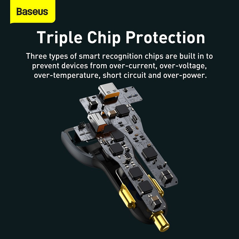 Electronic device with visible circuitry on a dark background, featuring Baseus branding and text about triple chip protection.
