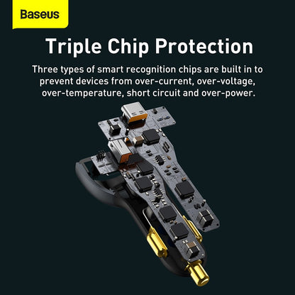Electronic device with visible circuitry on a dark background, featuring Baseus branding and text about triple chip protection.