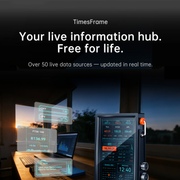 Laptop with financial data on screen next to a TimesFrame device, with promotional text above.