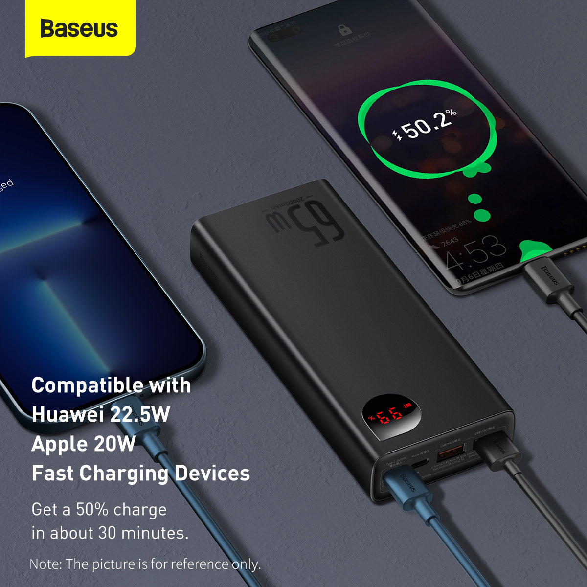 Baseus Adaman Series Laptop Power Bank 65W 20000mAh Baseus power bank with smartphone and charging cable on a gray background