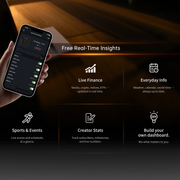 Hand holding a smartphone with app interface displaying 'Free Real-Time Insights' features on a dark background.