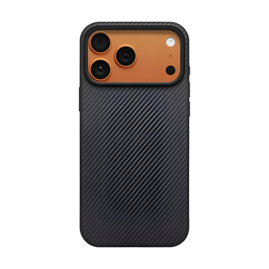 PITAKA UltraGuard Aramid Fibre Case for iPhone 17 Pro Black textured phone case with orange accents on a white background