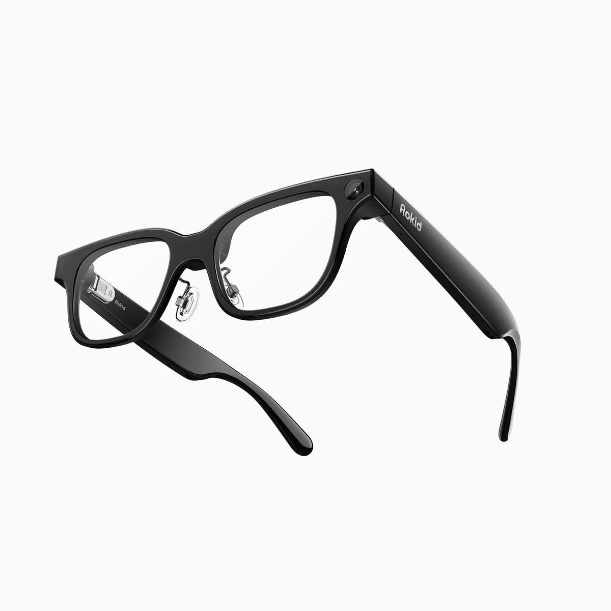Rokid AI Glasses (12MP POV Camera, Dual‑Eye AR Display, 89‑Language Translation) Black eyeglasses with 'Pokid' branding on a white background