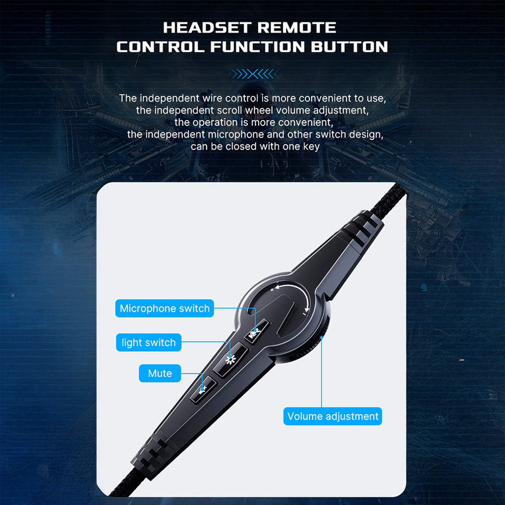 Headset remote control with labeled functions on a dark background