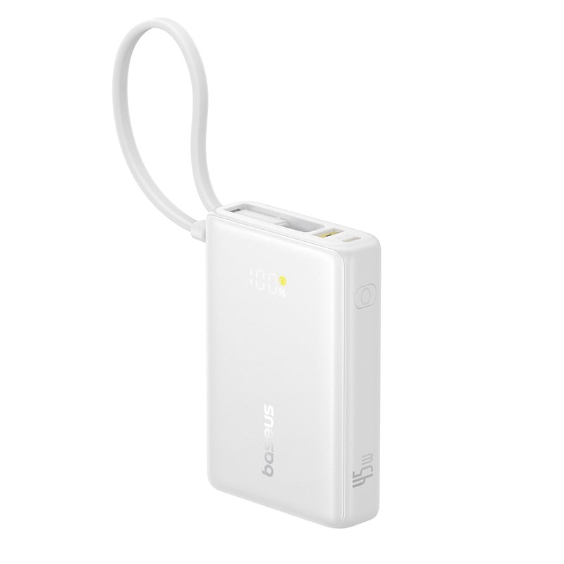 White portable charger with a visible brand logo on a white background