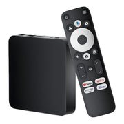 Black TV streaming box with remote control on a white background