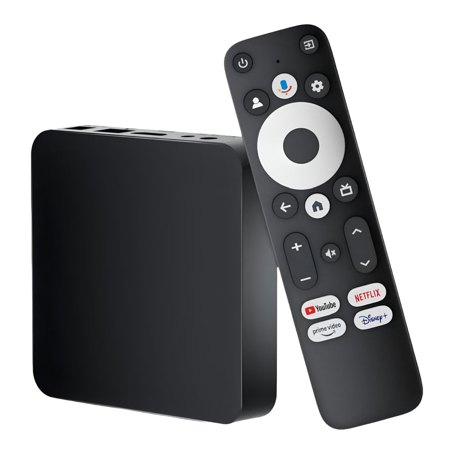 Black TV streaming box with remote control on a white background