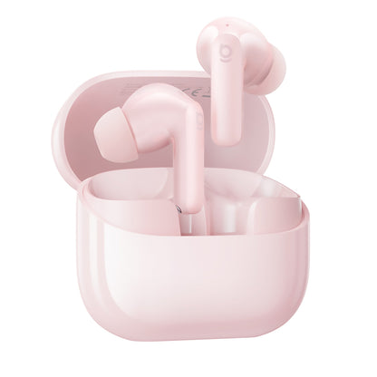Pink wireless earbuds with charging case on a white background